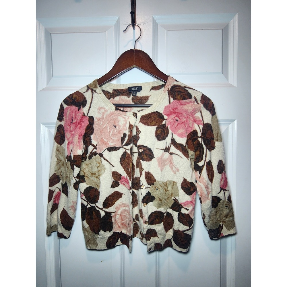 Talbots Pure Cashmere Floral Cardigan Sweater Pink Tan Brown Rose XS